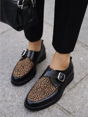 Alexander McQueen Oxford Leather Loafer Black Shoes Leopard-Print Pony Hair